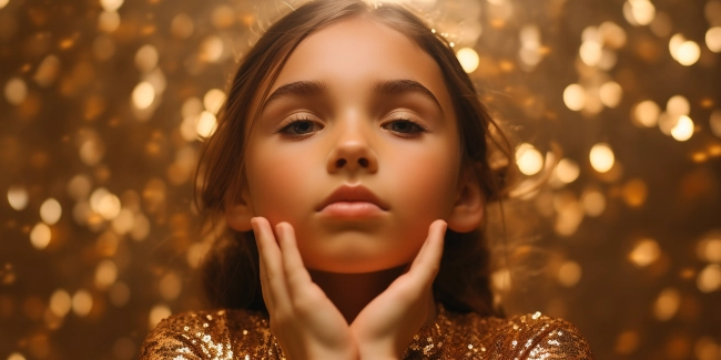 Portrait of a beautiful young girl in a golden dress on a gold background.