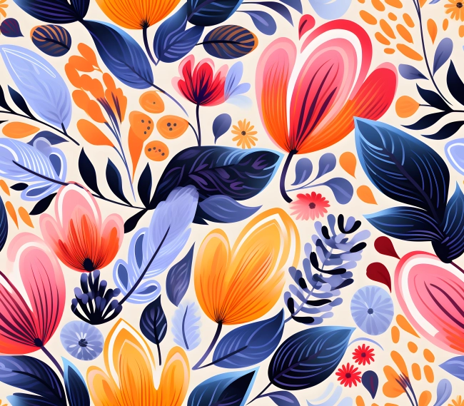 Tropical Canvas Painted Exotic Leaves and Flowers Pattern