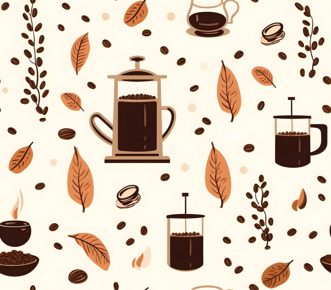 Pattern of Coffee Beans and French Presses for Coffee Lovers