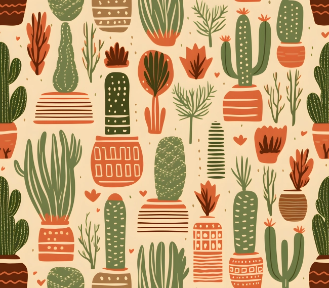 Seamless Cactus in Desert Pattern with Geometric Shapes