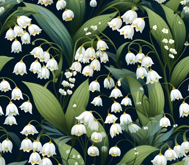 Lily of the Valley Floral Craft Paper with Green Leaves on Dark Background