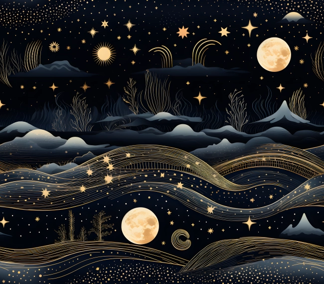 Seamless Pattern of Moon Phases and Celestial Comets on a Dark Background