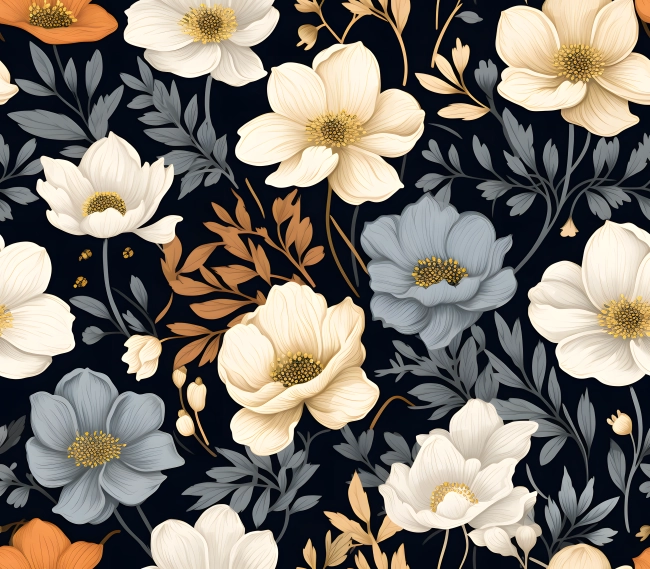 Overlapping Flowers with Thin Outlines and Leaves in Dark Wallpaper