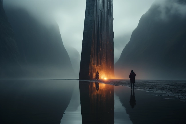 Gigant stone monolith in foggy scenery