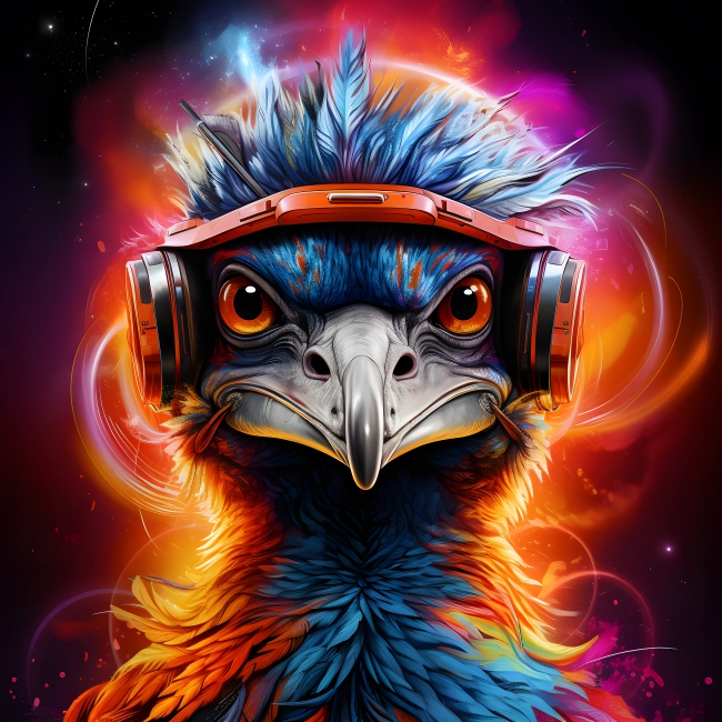 Harmony Feathers of Graffiti-Style Emu in Headphones