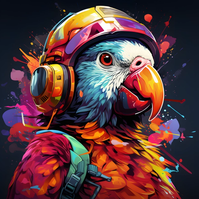 Flawlessly Feathered Stunning Graffiti-Style Parrot in Space Suit