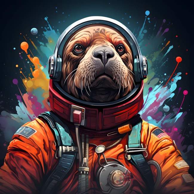 Vibrant Cosmic Walrus Meticulously Crafted in Watercolor