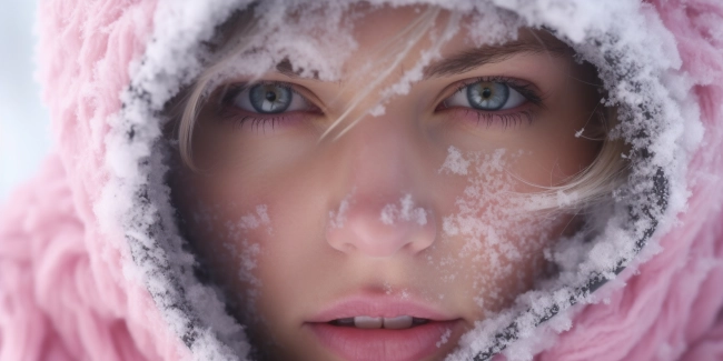 Closeup portrait of beautiful young woman with snow in her face.