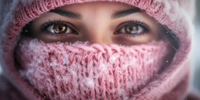 Close up portrait of a beautiful young woman in a pink winter hat and sca