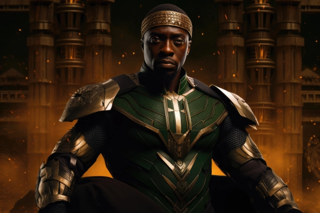 Black ruler in golden green suit