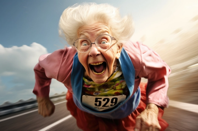 Crazy old lady running