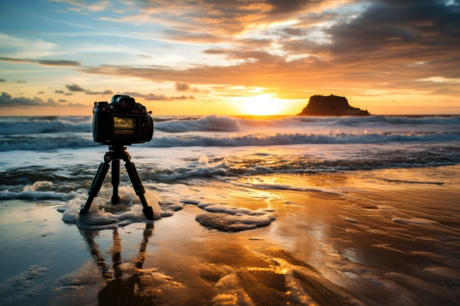 A camera on tripod taking picture of a beautiful sunset on the beach