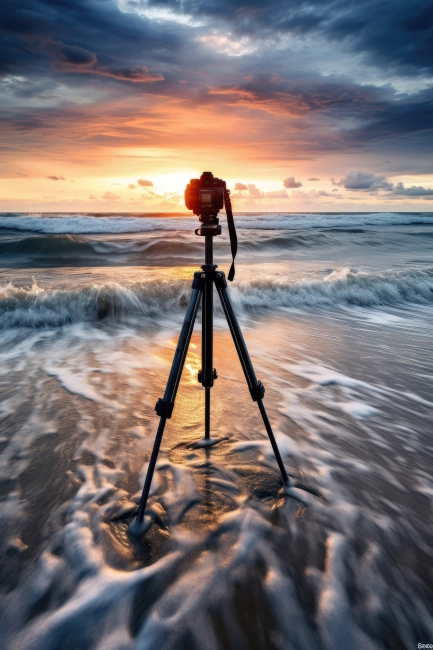 A camera on tripod taking picture of a beautiful sunset on the beach