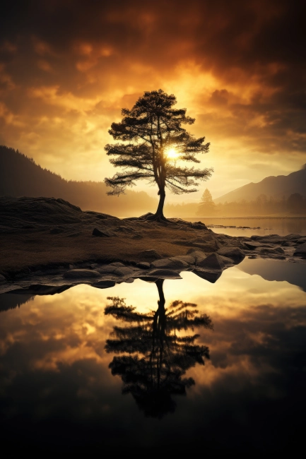 Solitaire tree reflecting in the water during sunset