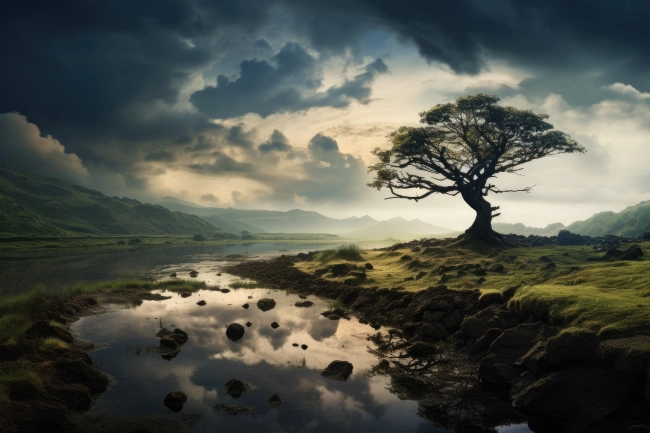 Solitaire tree reflecting in the water during sunset