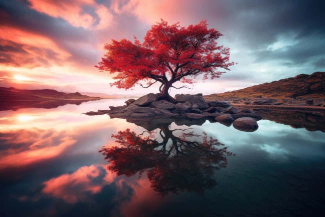 Solitaire tree reflecting in the water during sunset