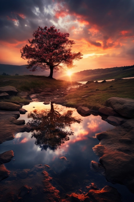 Solitaire tree reflecting in the water during sunset