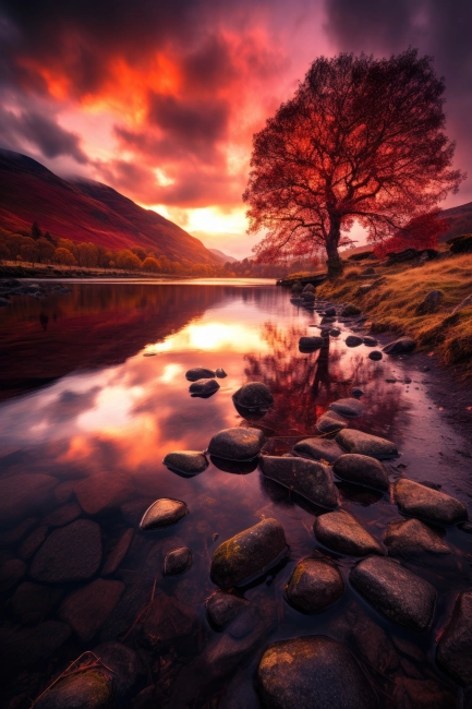 Solitaire tree reflecting in the water during sunset