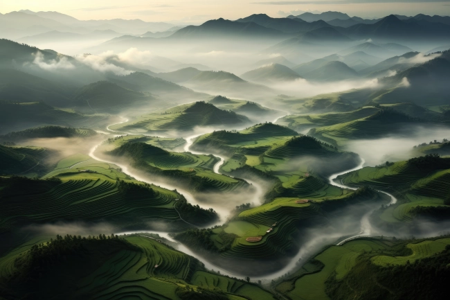 Drone view on the greenery of the misty mountains