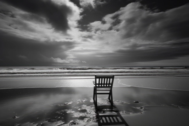 Wooden chair on the beach - black and white picture