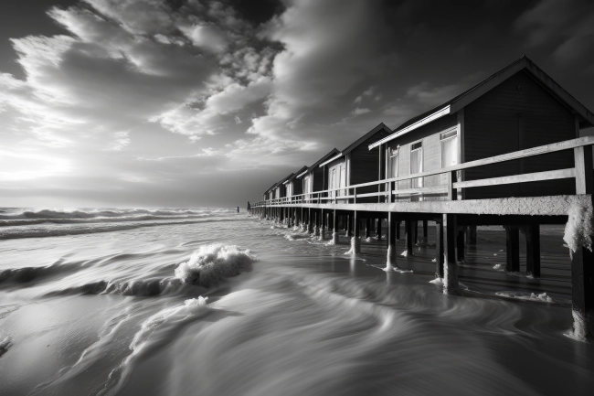 Wooden house on the beach - black and white picture