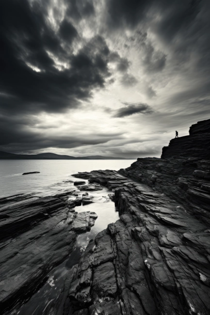 Black and white picture of a sea coast