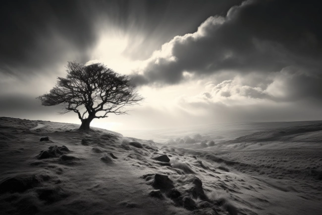 Solitaire tree on the hill - black and white picture