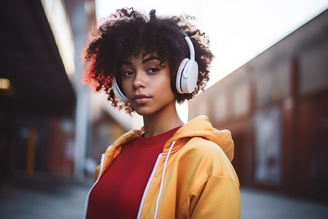 Portrait of beautiful modern young woman standing over urban background listening to music with headphones.