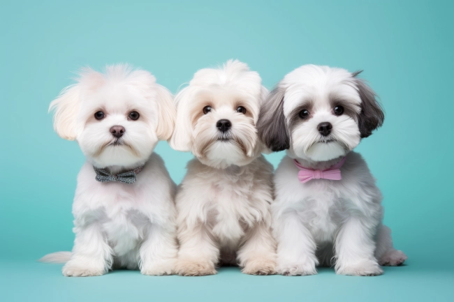 A group of three cute puppy dogs on a solid color background