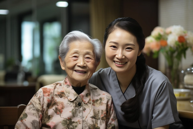 Smiling Asian caring nurse supporting hugging olde senior female patient sitting at clinic or hospital. Elderly people health care concept.