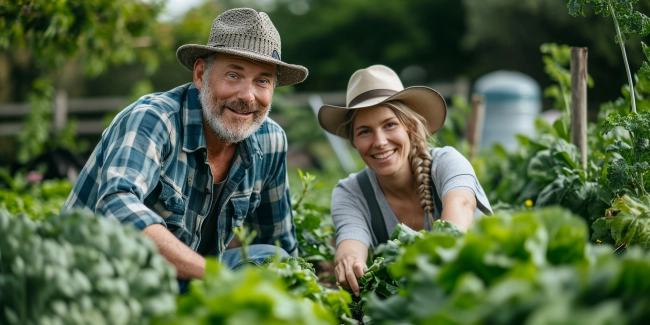Portrait of smiling senior man and woman working together in vegetable garden