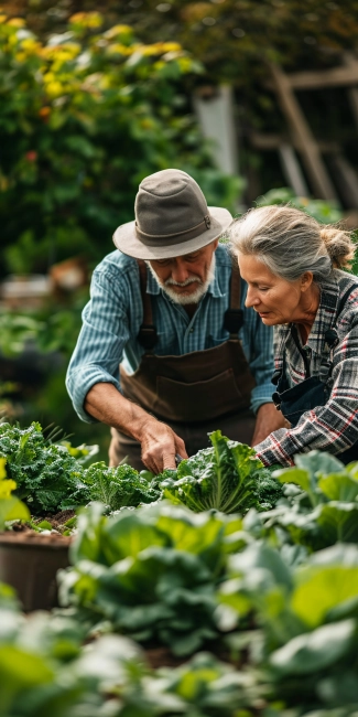 Senior couple working together in vegetable garden. Senior man and woman gardening