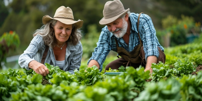 Senior couple working in their vegetable garden. Selective focus on the man