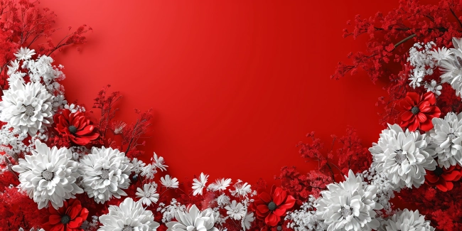 3D render of white and red flowers on a red background.