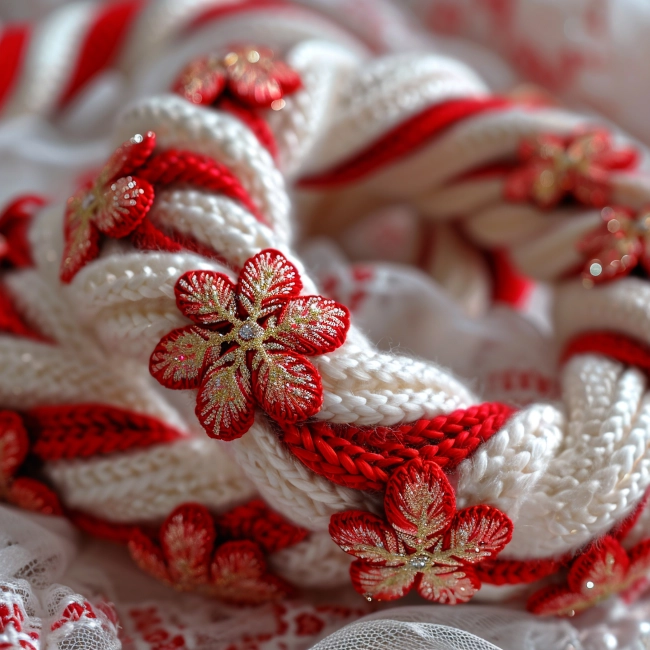 Closeup of red and white knitted martenitsa ornaments with flowers. 1st march bulgarian Holiday of Baba Marta.
