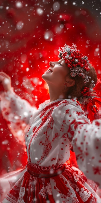 Beautiful young woman in Bulgarian folk costume dancing in snowfall. Red and white theme.