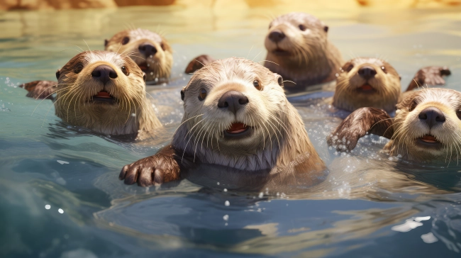 A group of playful otters swimming and frolicking