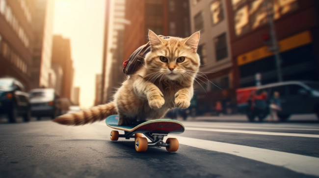 A playful cat riding a skateboard down a vibrant city