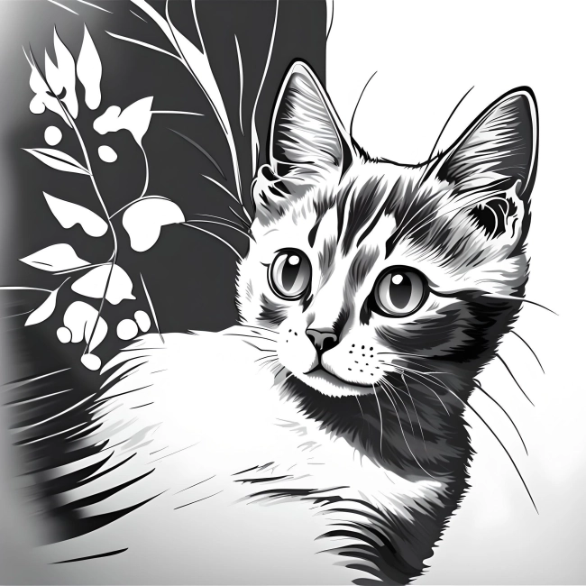 Black and White Drawing of a Cute Cat