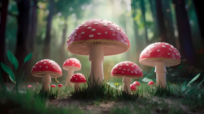 Fantasy forest with red mushrooms