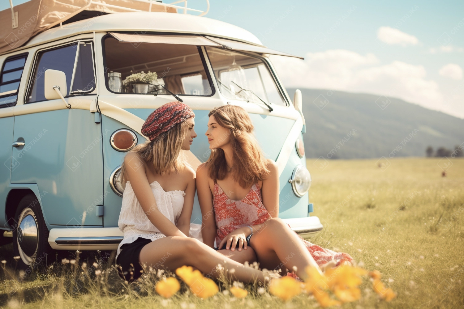 Young couple in love near vintage van enjoying summer vibes in road trip.