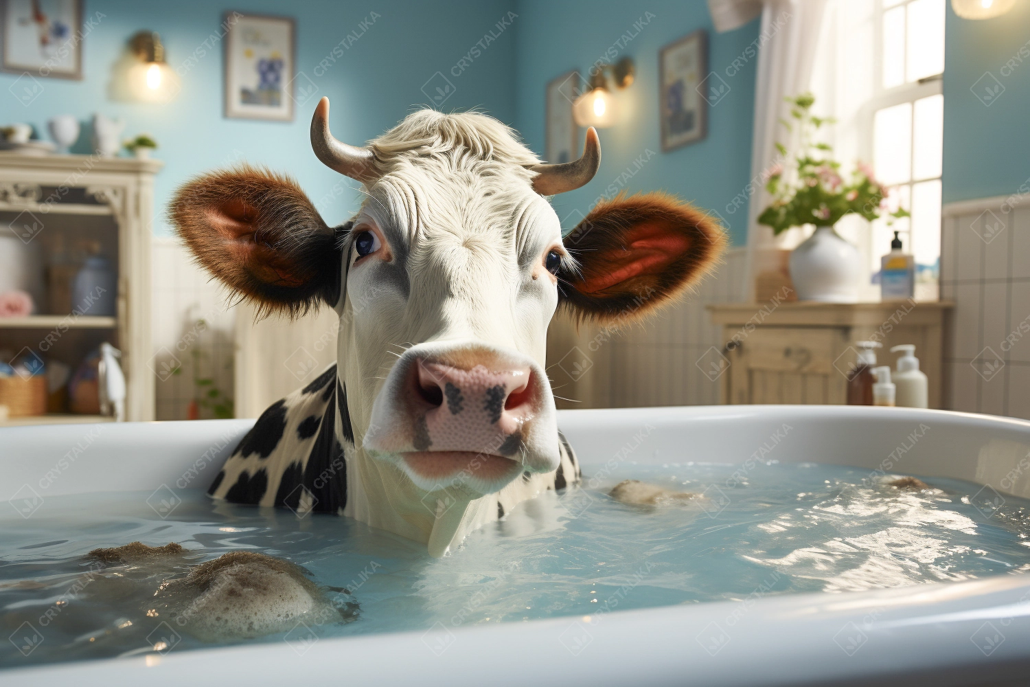 Cute cow in the bathroom relaxing and washing