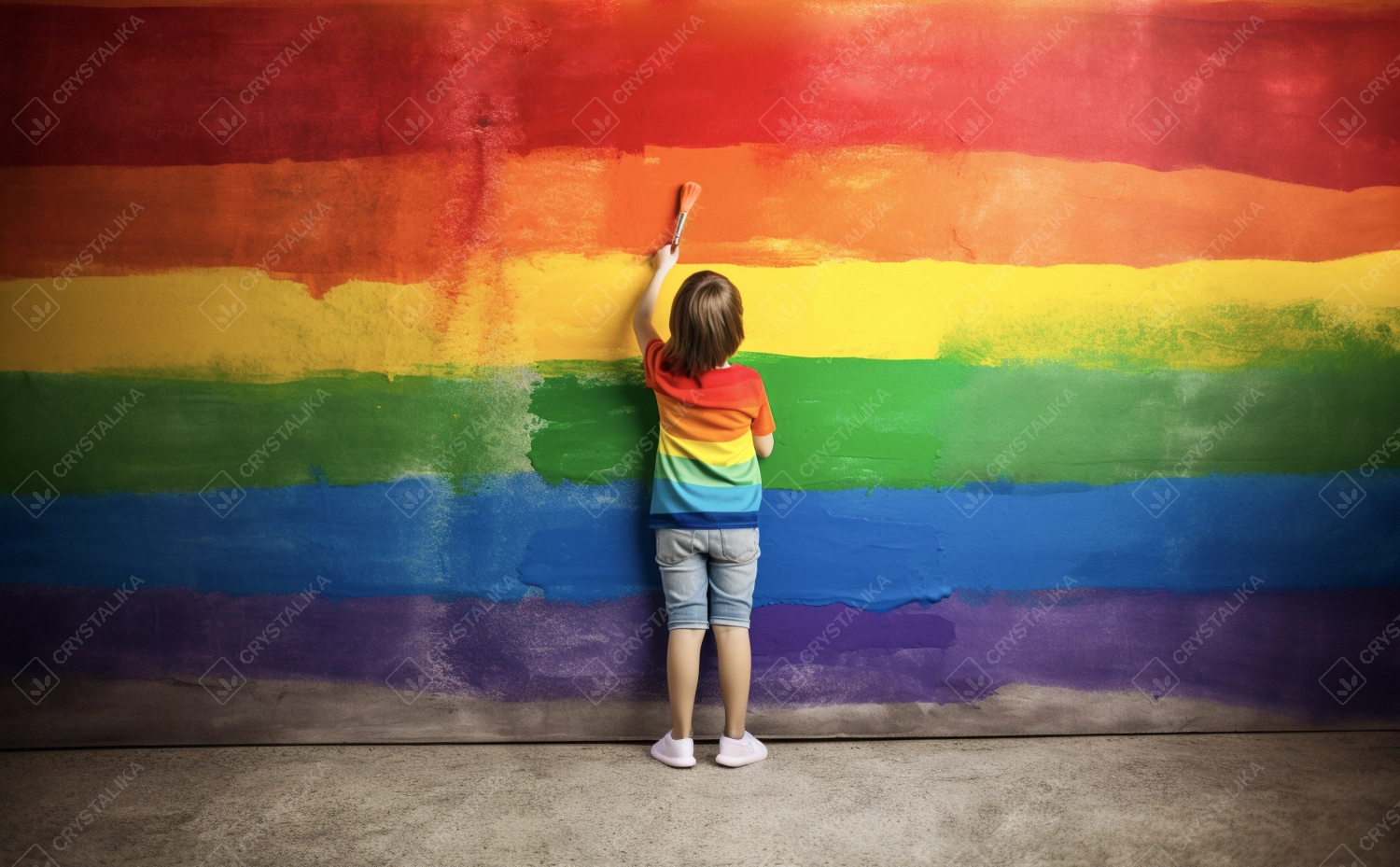 Boy painting LGBT rainbow flag on concrete wall.