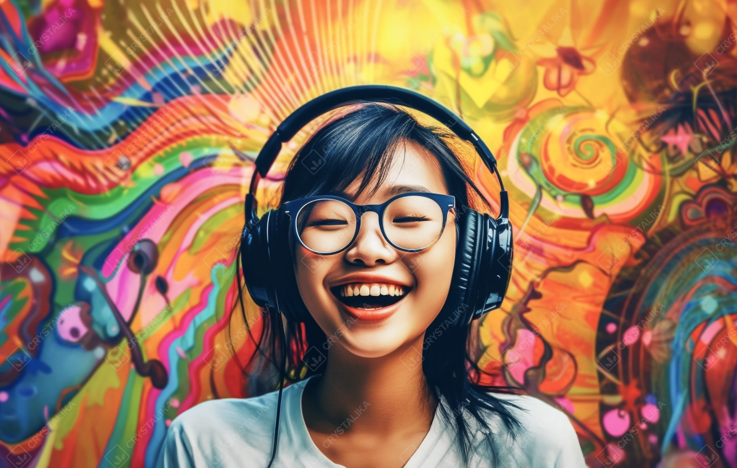 Portrait of a cheerful asian stylish teen standing over colourful background, listening to music with headphones.