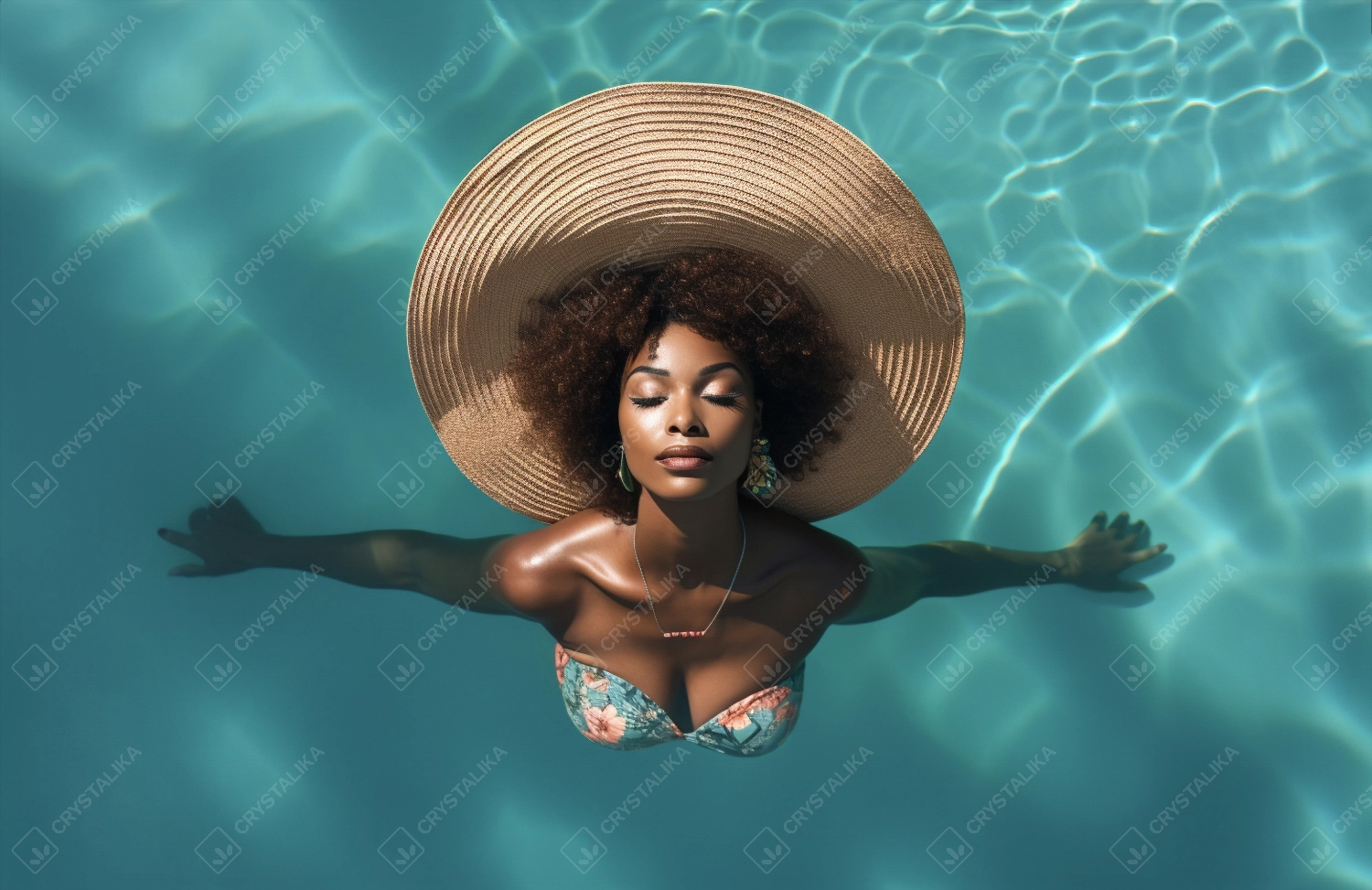 Young black woman wearing straw hat relaxing at spa pool - Beautiful woman relaxing in outdoor spa swimming pool - Top view of attractive girl enjoy vacation at resort.