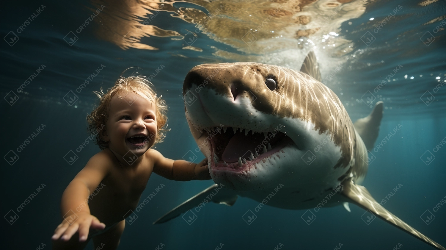 A smiling baby swimming with a shark