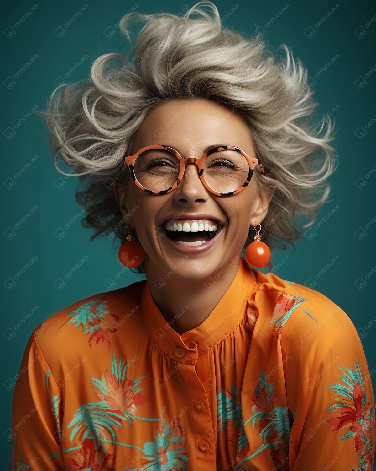 A blonde woman with glasses, laughing