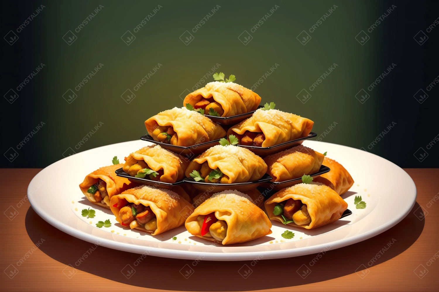 A mouth-watering oil painting capturing the rich and savory essence of deep-fried samosas and dumplings