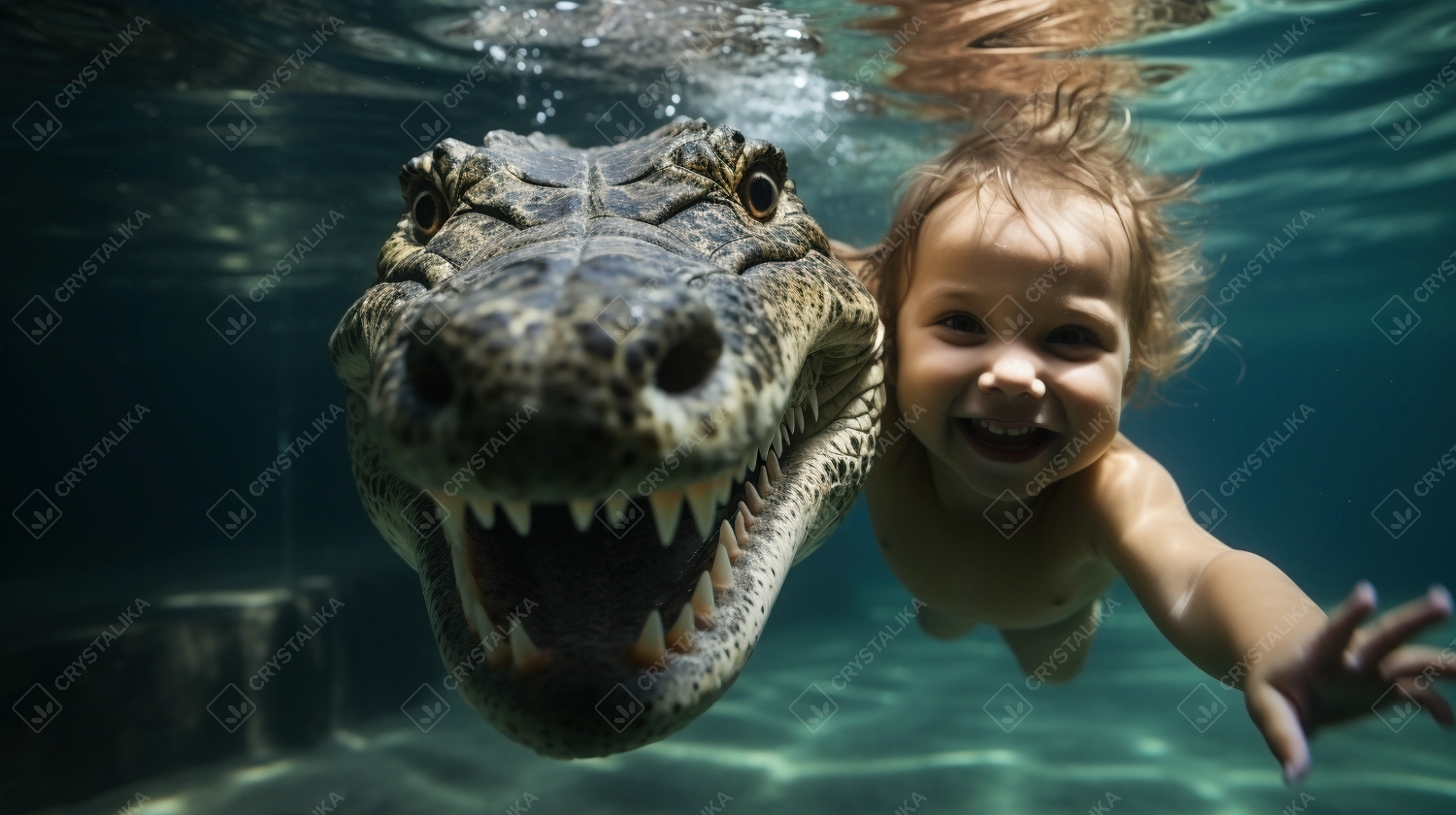 A smiling baby swimming with a crocodile