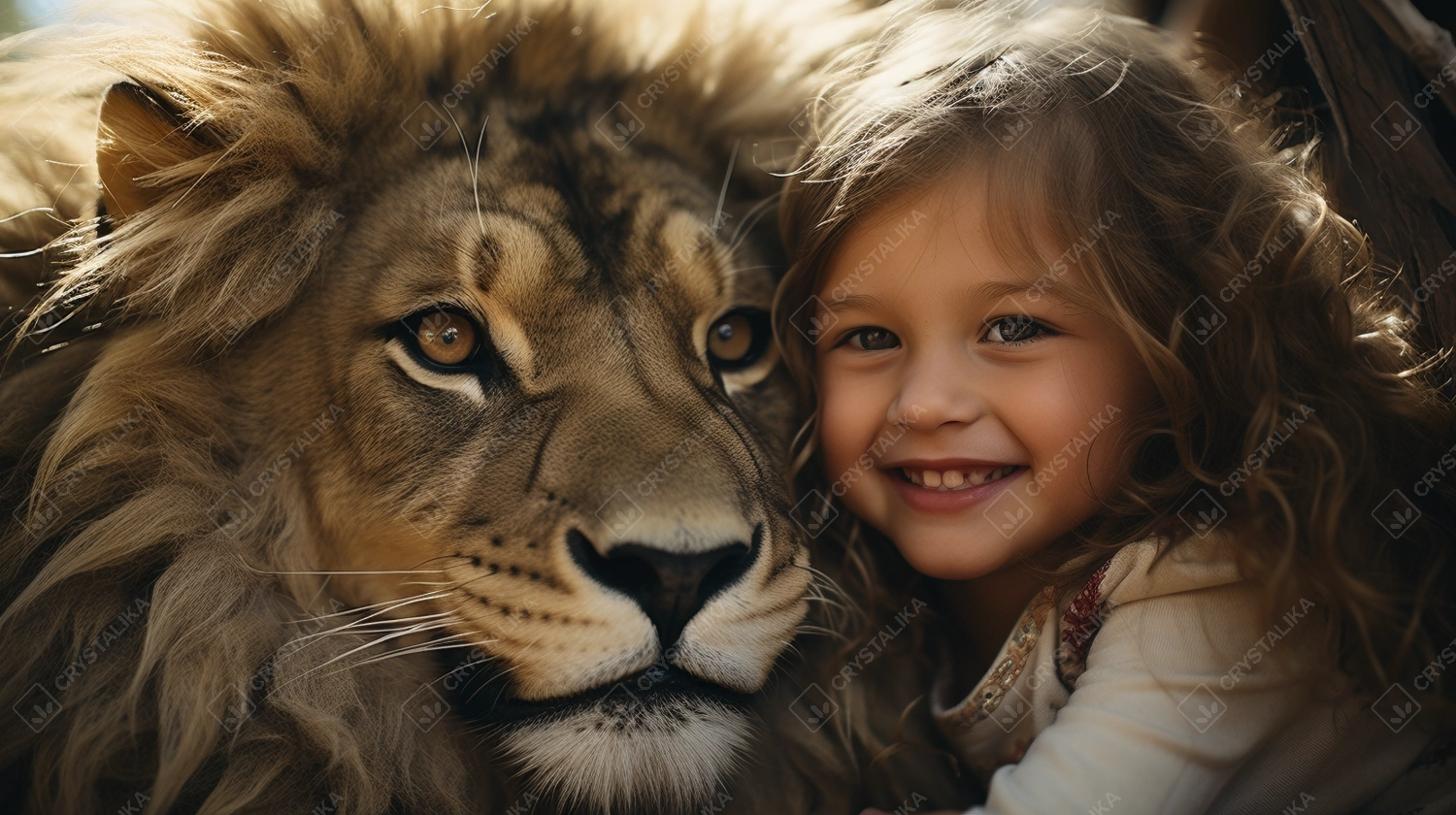 A child hugging a lion